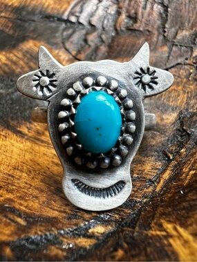 Sterling Silver Kingman Turquoise Cow Ring Adjustable Southwestern